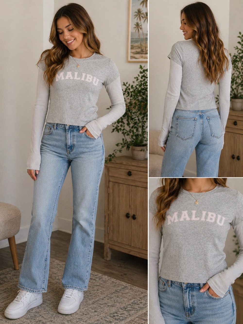 Harlow Light Gray Layered-Look Long Sleeve Tee with Pink Malibu Graphic